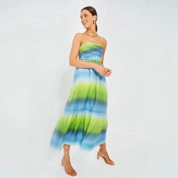 Tuckernuck Kaia Dress Chartreuse and Sky Blue Green Ombre Strapless Midi size XS - Picture 1 of 13